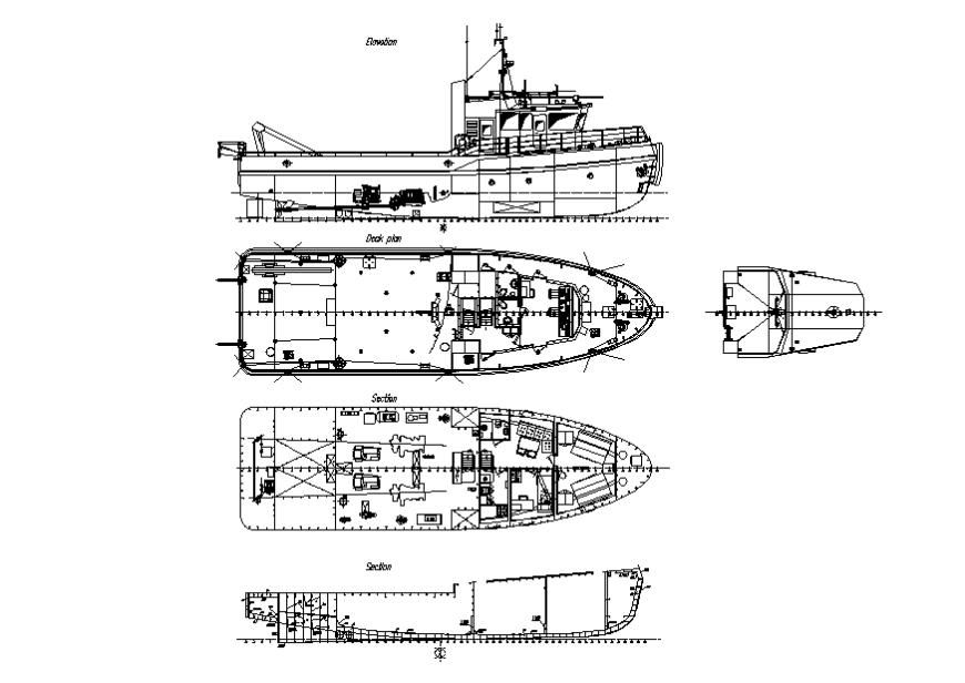 Tug boat elevation, section and plan cad drawing details dwg file - Cadbull
