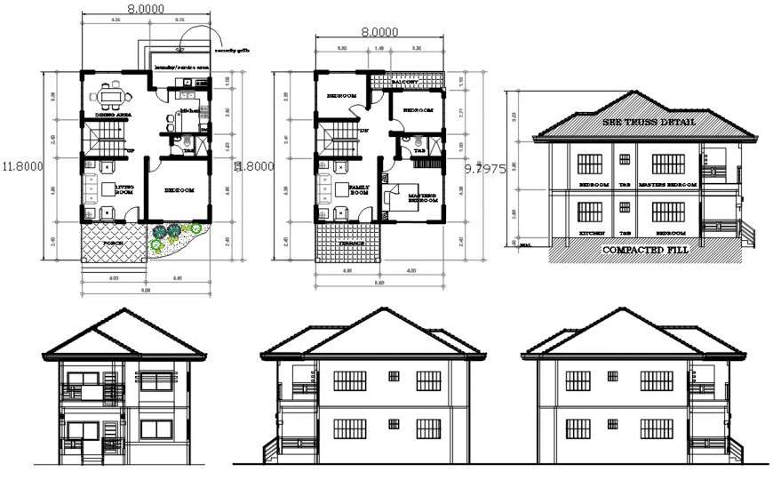 Twostory roof house elevations and floor plan distribution drawing
