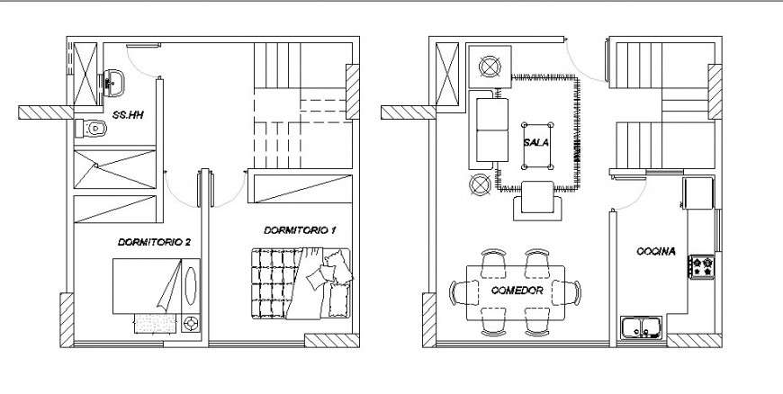 Two bedroom house architecture distribution plan cad ...