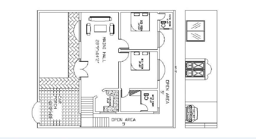Two bedroom residential house layout plan cad drawing details dwg file