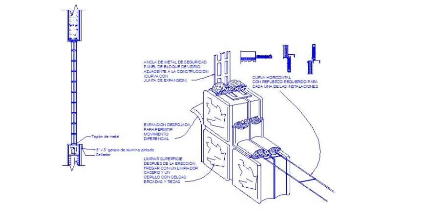 Wall constructive blocks for glass installation cad drawing details dwg