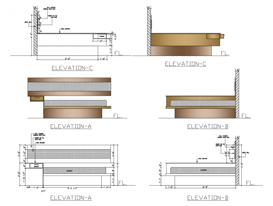 Wooden Master Bed All Sided Elevation Cad Drawing Details Dwg File
