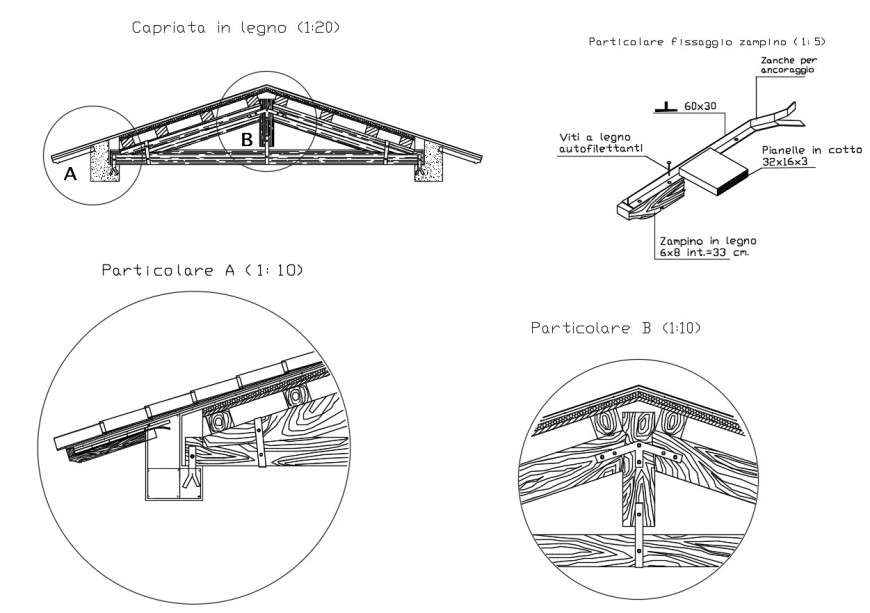 Wooden roof truss section and constructive structure cad drawing